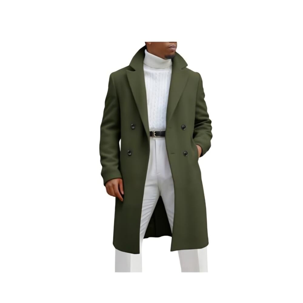 Runcati Mens Trench Coat XL Double Breasted Mid Long Peacoat Army Green